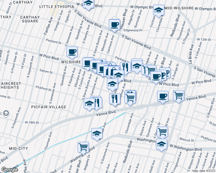 map of restaurants, bars, coffee shops, grocery stores, and more near 1437 Ridgeley Drive in Los Angeles