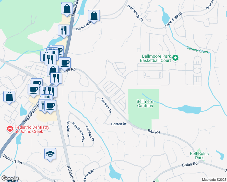 map of restaurants, bars, coffee shops, grocery stores, and more near 5010 Bellmoore Park Ln in Johns Creek