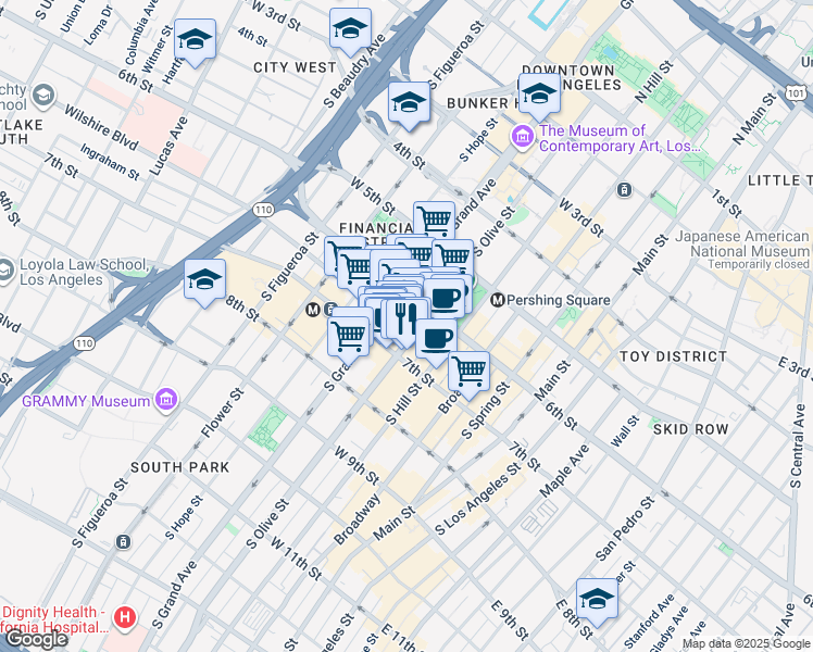 map of restaurants, bars, coffee shops, grocery stores, and more near 417 West 7th Street in Los Angeles