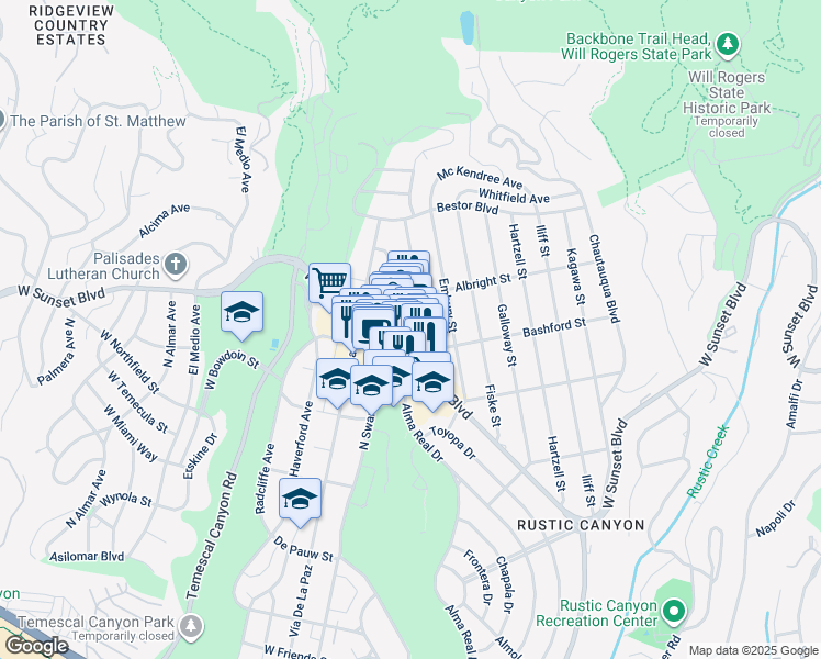 map of restaurants, bars, coffee shops, grocery stores, and more near 15225 Palisades Village Lane in Los Angeles