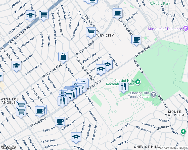 map of restaurants, bars, coffee shops, grocery stores, and more near 10393 Almayo Avenue in Los Angeles