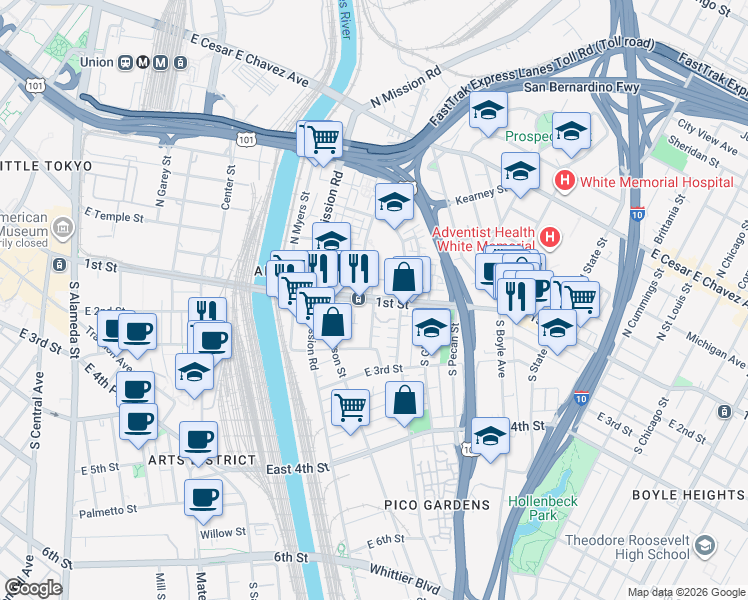 map of restaurants, bars, coffee shops, grocery stores, and more near 113 South Utah Street in Los Angeles