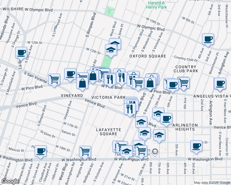map of restaurants, bars, coffee shops, grocery stores, and more near 4409 Victoria Park Drive in Los Angeles