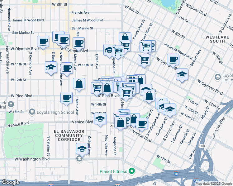 map of restaurants, bars, coffee shops, grocery stores, and more near 2250 West Pico Boulevard in Los Angeles