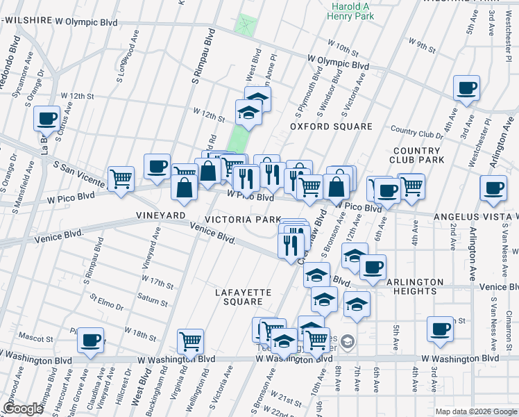 map of restaurants, bars, coffee shops, grocery stores, and more near 4409 Victoria Park Drive in Los Angeles