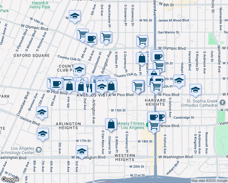 map of restaurants, bars, coffee shops, grocery stores, and more near 1251 South Wilton Place in Los Angeles