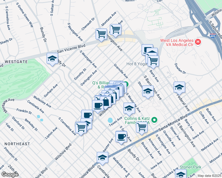 map of restaurants, bars, coffee shops, grocery stores, and more near 11932 Goshen Avenue in Los Angeles