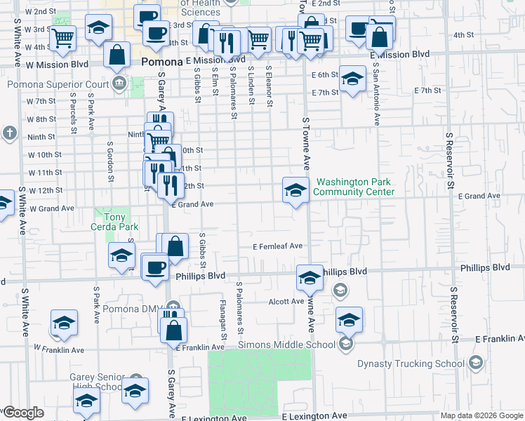map of restaurants, bars, coffee shops, grocery stores, and more near 635 Penmar Lane in Pomona