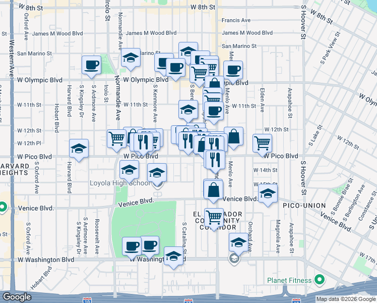 map of restaurants, bars, coffee shops, grocery stores, and more near 2596 West Pico Boulevard in Los Angeles