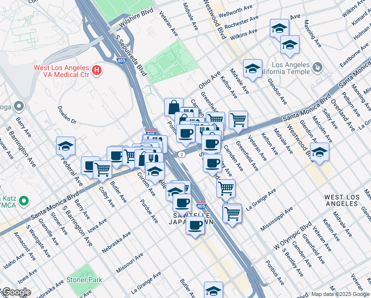 map of restaurants, bars, coffee shops, grocery stores, and more near 11185 California 2 in Los Angeles