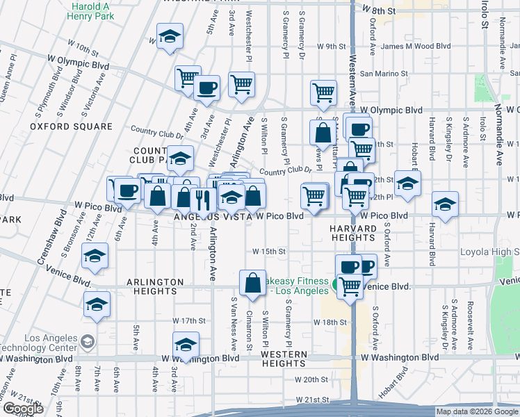 map of restaurants, bars, coffee shops, grocery stores, and more near 1251 South Wilton Place in Los Angeles