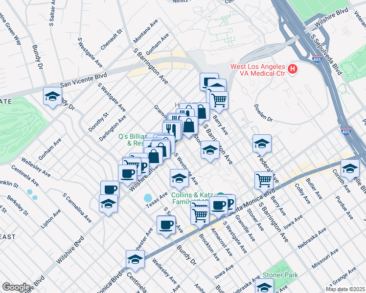map of restaurants, bars, coffee shops, grocery stores, and more near 11800 Wilshire Boulevard in Los Angeles