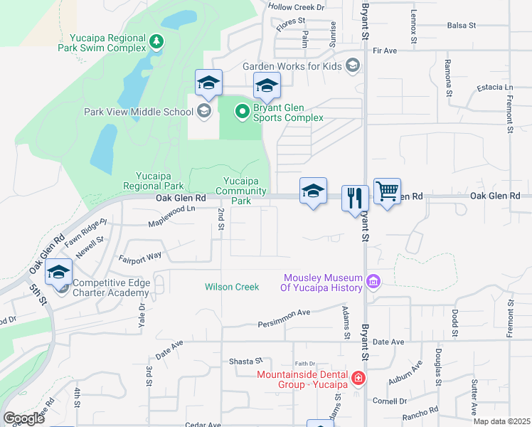 map of restaurants, bars, coffee shops, grocery stores, and more near 11363 Pinon Trail in Yucaipa