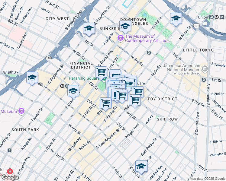 map of restaurants, bars, coffee shops, grocery stores, and more near 534 South Broadway in Los Angeles