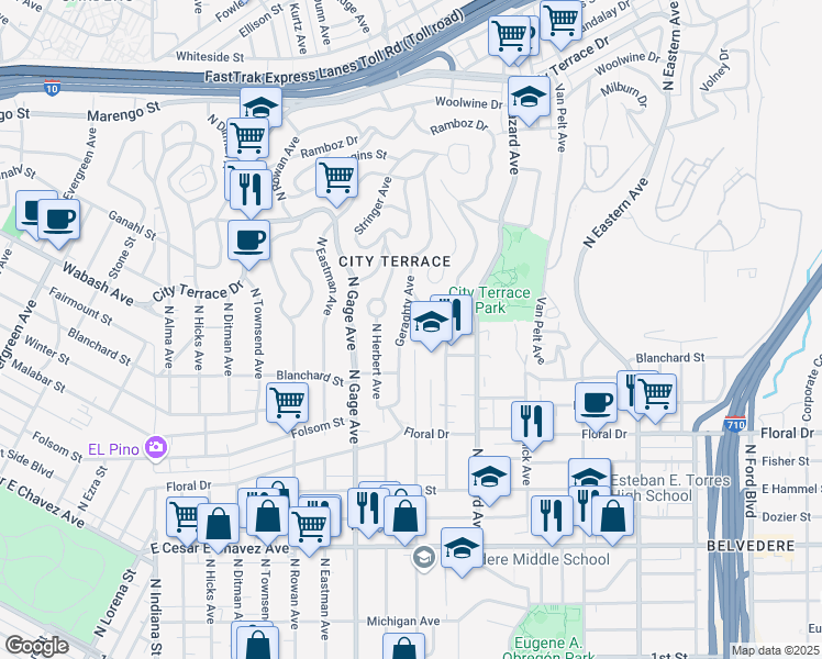 map of restaurants, bars, coffee shops, grocery stores, and more near 954 Geraghty Avenue in Los Angeles