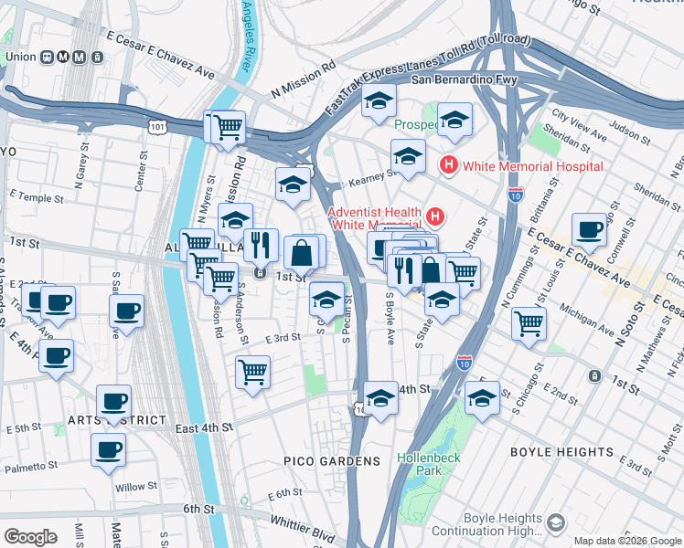 map of restaurants, bars, coffee shops, grocery stores, and more near 1623 1st Street in Los Angeles