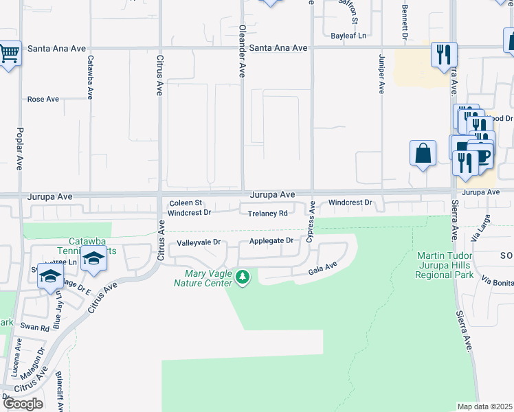 map of restaurants, bars, coffee shops, grocery stores, and more near 16341 Windcrest Drive in Fontana