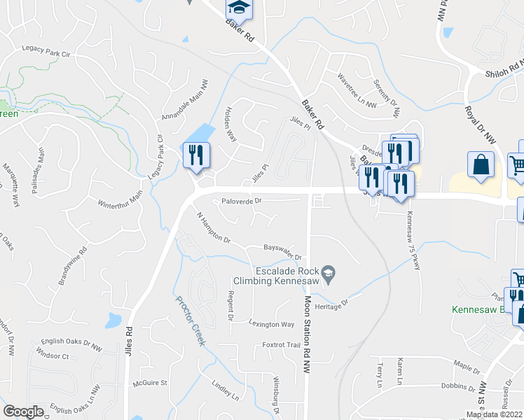 map of restaurants, bars, coffee shops, grocery stores, and more near 3999 Verbena Drive in Kennesaw