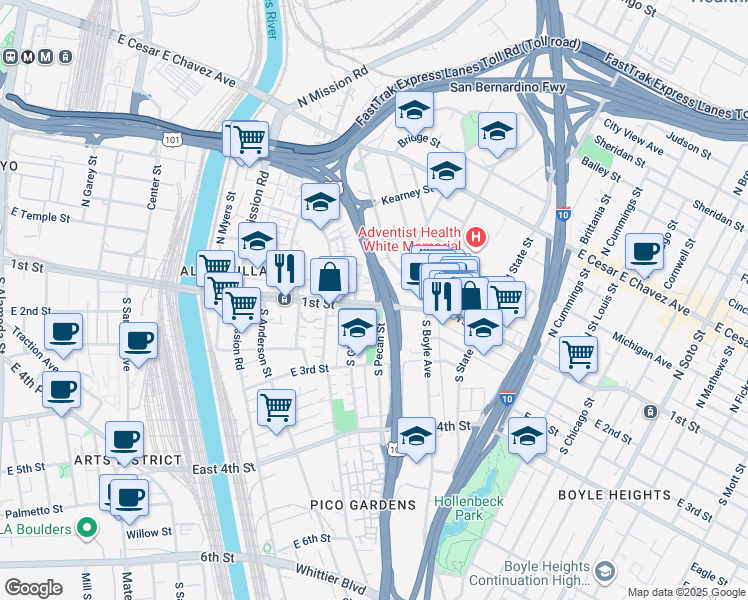 map of restaurants, bars, coffee shops, grocery stores, and more near 145 South Pecan Street in Los Angeles