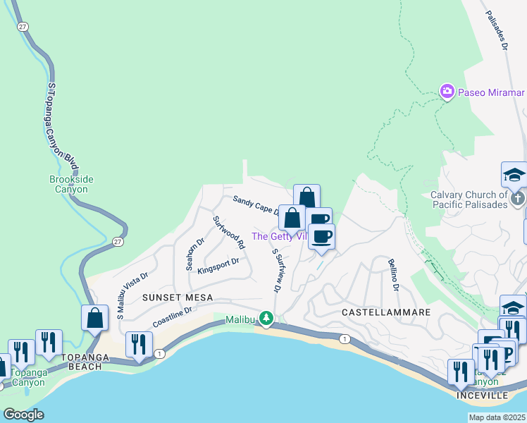 map of restaurants, bars, coffee shops, grocery stores, and more near 18044 Sandy Cape Drive in Los Angeles