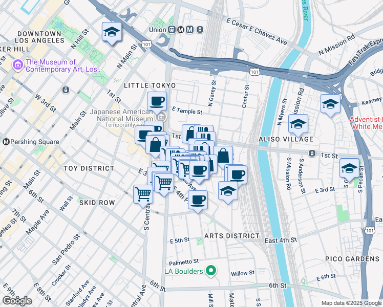 map of restaurants, bars, coffee shops, grocery stores, and more near 222 South Hewitt Street in Los Angeles