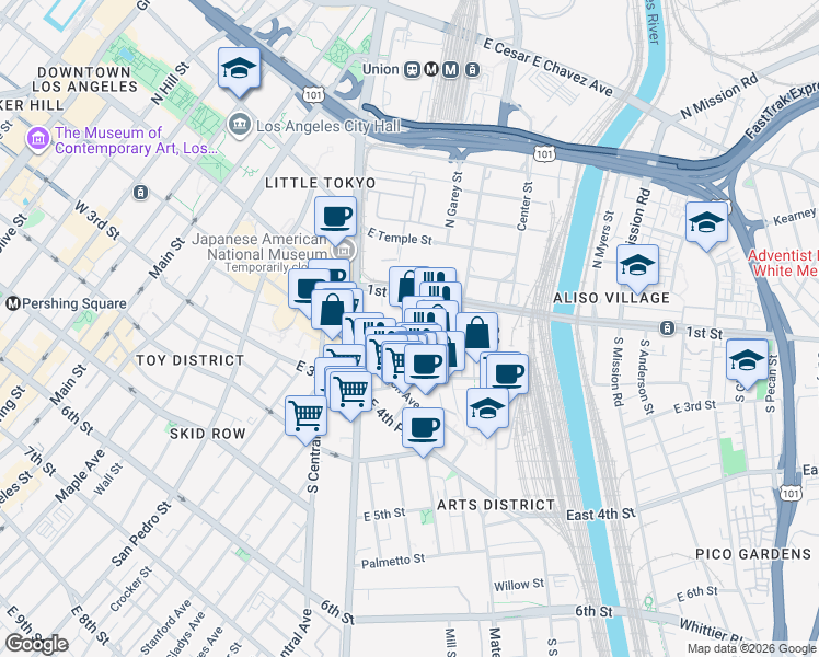 map of restaurants, bars, coffee shops, grocery stores, and more near 130 South Hewitt Street in Los Angeles