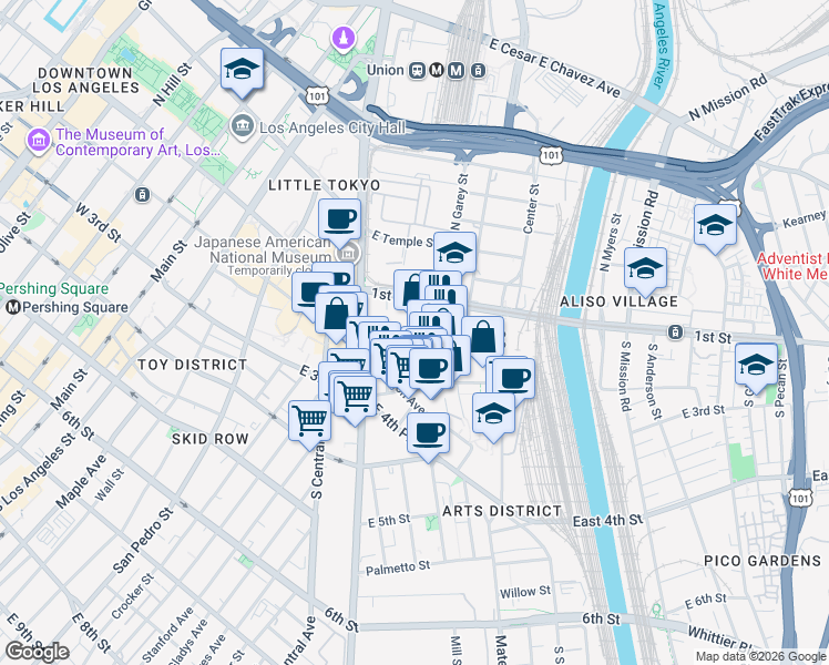 map of restaurants, bars, coffee shops, grocery stores, and more near 130 South Hewitt Street in Los Angeles