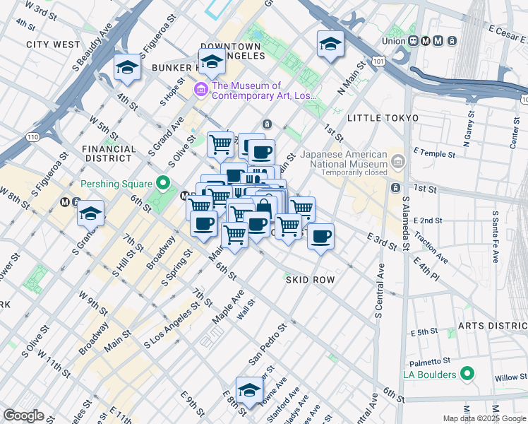 map of restaurants, bars, coffee shops, grocery stores, and more near 120 East 4th Street in Los Angeles