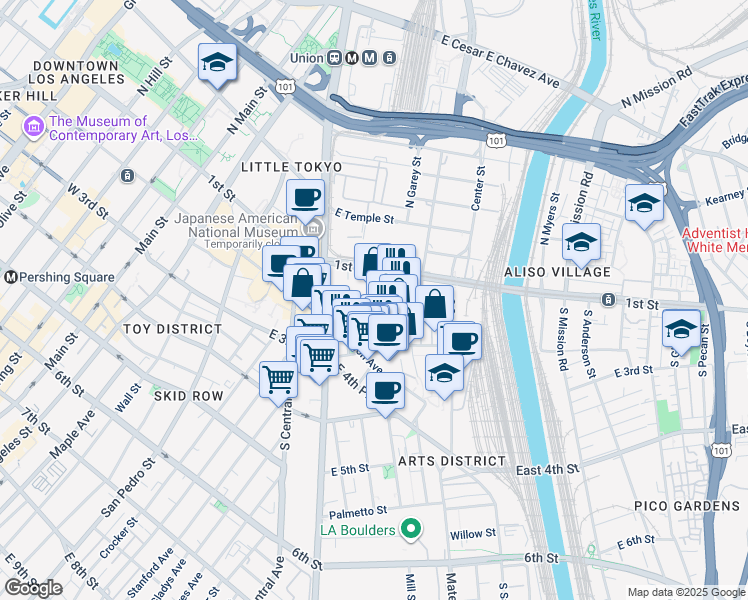 map of restaurants, bars, coffee shops, grocery stores, and more near 222 South Hewitt Street in Los Angeles