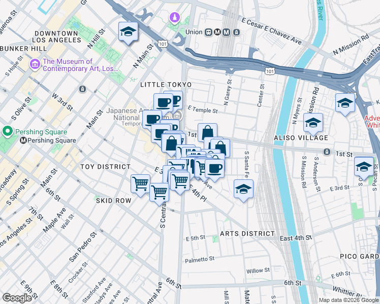 map of restaurants, bars, coffee shops, grocery stores, and more near in Los Angeles