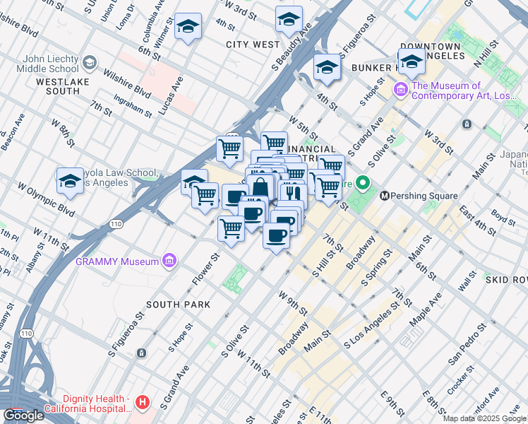 map of restaurants, bars, coffee shops, grocery stores, and more near 732s South Hope Street in Los Angeles