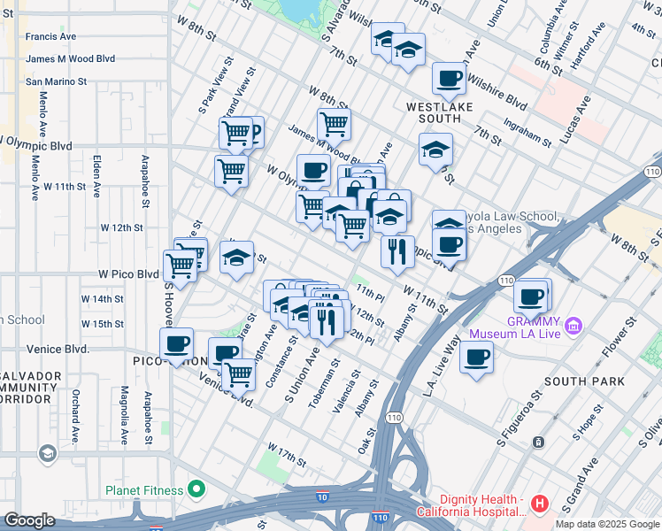 map of restaurants, bars, coffee shops, grocery stores, and more near 1622 West 11th Place in Los Angeles