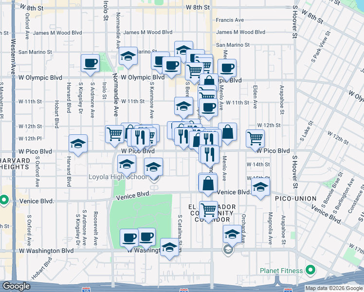 map of restaurants, bars, coffee shops, grocery stores, and more near 2596 West Pico Boulevard in Los Angeles