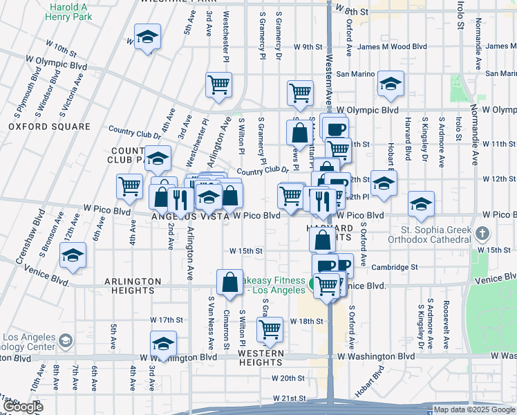 map of restaurants, bars, coffee shops, grocery stores, and more near 3260 West Pico Boulevard in Los Angeles