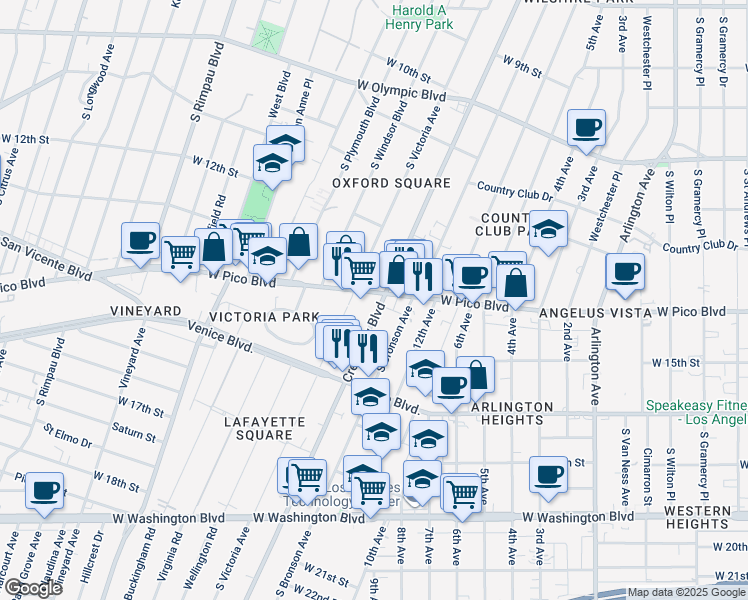 map of restaurants, bars, coffee shops, grocery stores, and more near 1329 Crenshaw Boulevard in Los Angeles