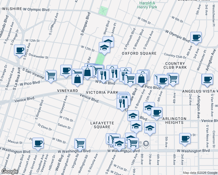 map of restaurants, bars, coffee shops, grocery stores, and more near 4362 Victoria Park Drive in Los Angeles