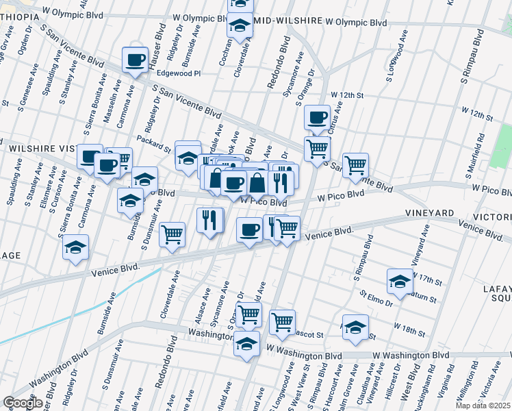 map of restaurants, bars, coffee shops, grocery stores, and more near 1433 South Sycamore Avenue in Los Angeles