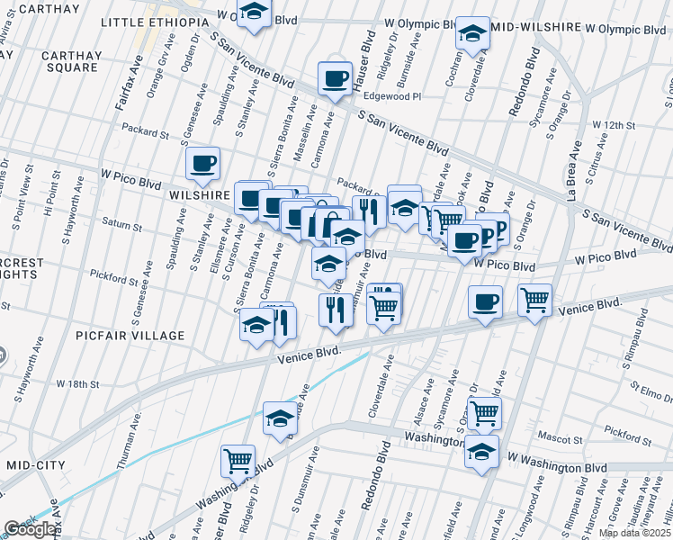 map of restaurants, bars, coffee shops, grocery stores, and more near 1452 South Ridgeley Drive in Los Angeles