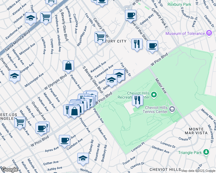 map of restaurants, bars, coffee shops, grocery stores, and more near 10373 West Pico Boulevard in Los Angeles