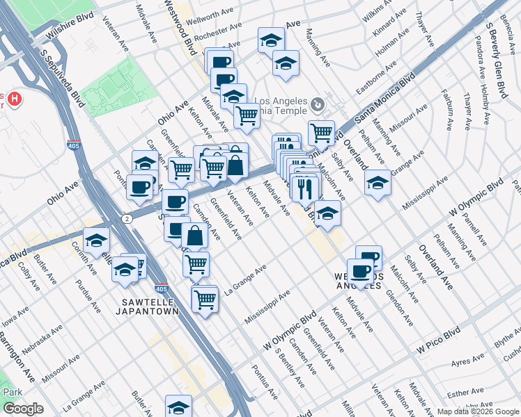 map of restaurants, bars, coffee shops, grocery stores, and more near 1870 Veteran Avenue in Los Angeles