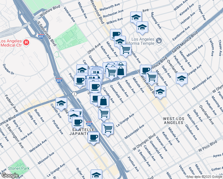 map of restaurants, bars, coffee shops, grocery stores, and more near 1857 Greenfield Avenue in Los Angeles