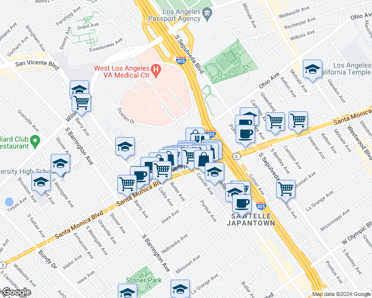 map of restaurants, bars, coffee shops, grocery stores, and more near 1527 Corinth Avenue in Los Angeles