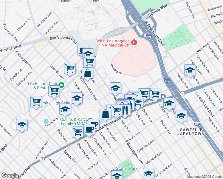 map of restaurants, bars, coffee shops, grocery stores, and more near 11600 Rochester Avenue in Los Angeles
