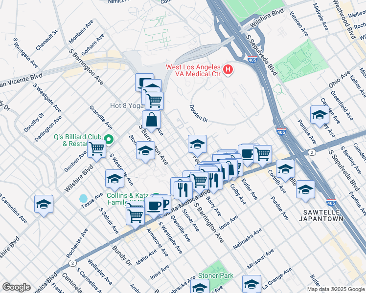 map of restaurants, bars, coffee shops, grocery stores, and more near 11600 Rochester Avenue in Los Angeles