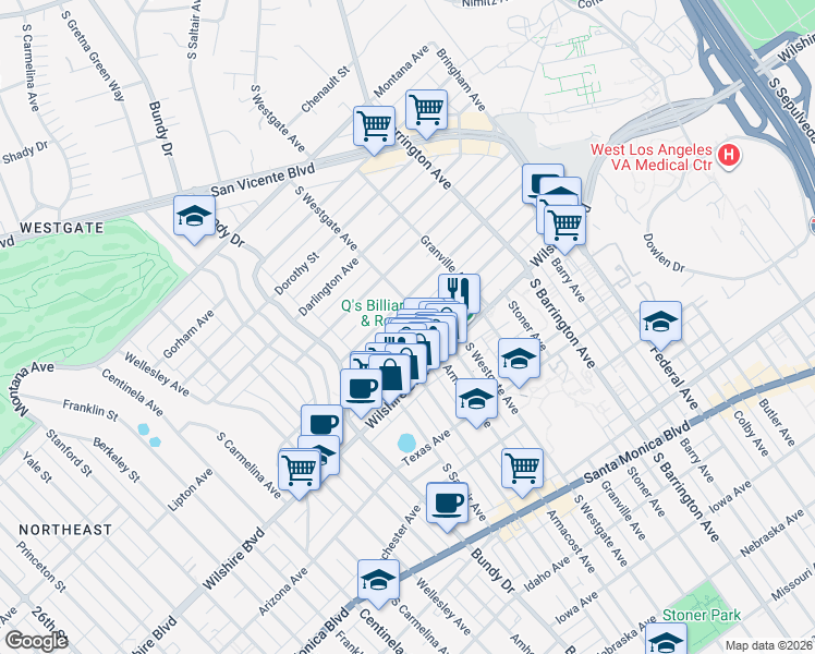 map of restaurants, bars, coffee shops, grocery stores, and more near 11932 Goshen Avenue in Los Angeles
