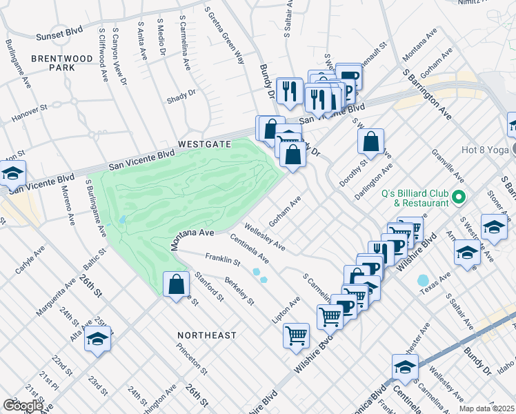 map of restaurants, bars, coffee shops, grocery stores, and more near 12340 Montana Avenue in Los Angeles