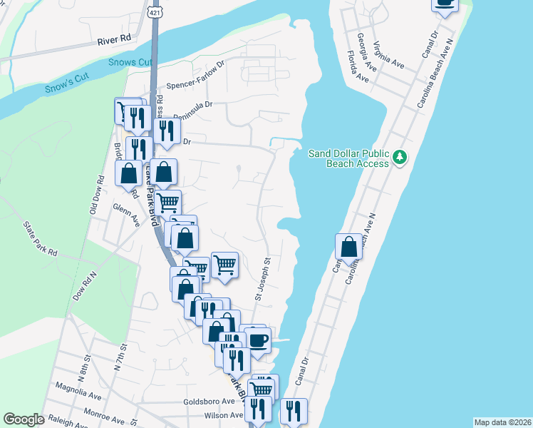 map of restaurants, bars, coffee shops, grocery stores, and more near 1215 Saint Joseph Street in Carolina Beach