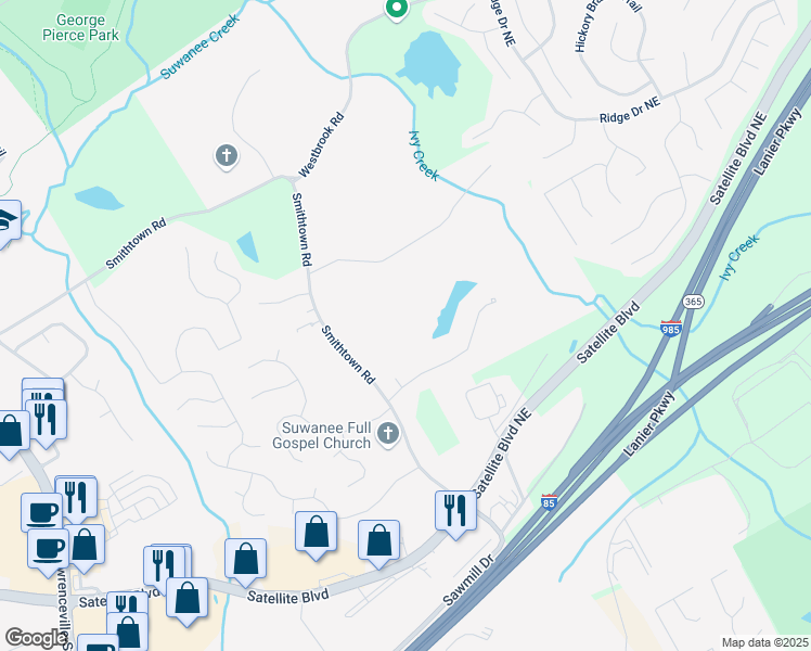 map of restaurants, bars, coffee shops, grocery stores, and more near 3355 Smithtown Road in Suwanee