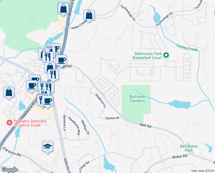 map of restaurants, bars, coffee shops, grocery stores, and more near 5010 Bellmoore Park Ln in Johns Creek
