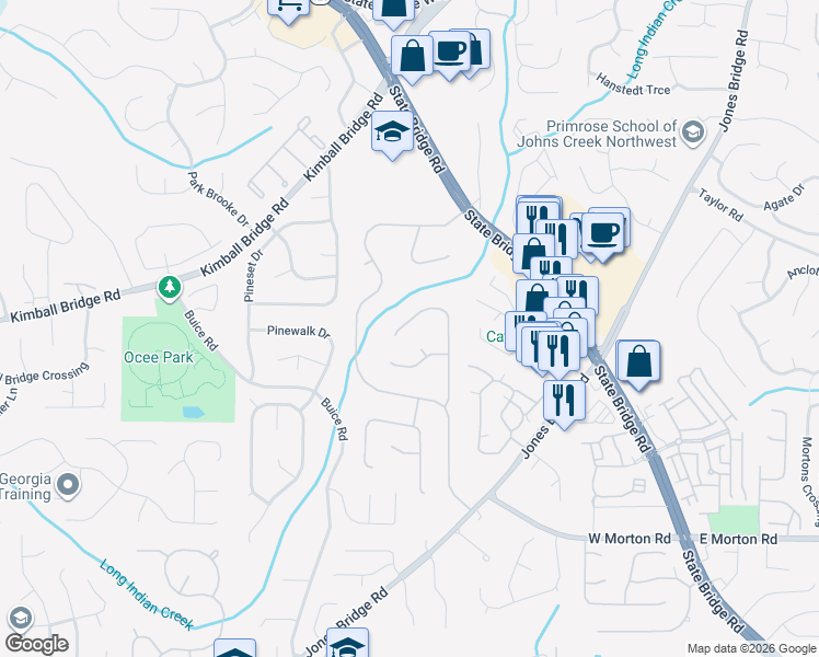 map of restaurants, bars, coffee shops, grocery stores, and more near 10990 Spotted Pony Trail in Alpharetta